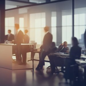 Blurred soft of people meeting at table. business people talking in modern office. Generative AI.
