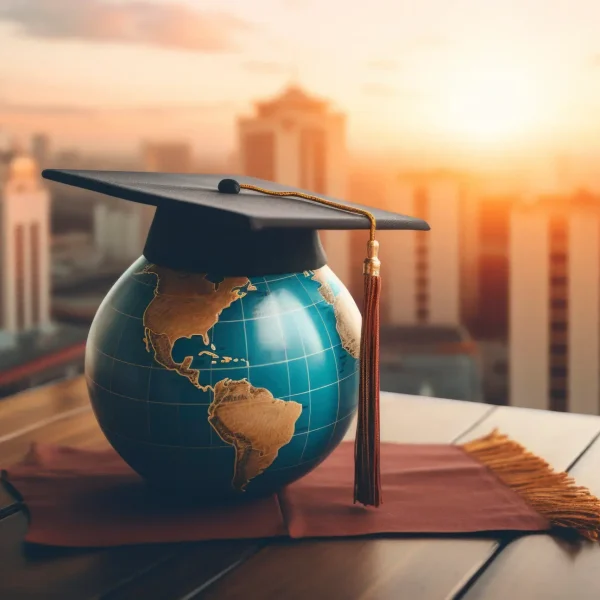 world globe graduate's cap on top of a desk in the office, in the style of cross-processing/processed, uhd image, high quality photo, layered translucency, light amber and sky-blue, website, eastern and western fusion --ar 76:51 --v 5.2 Job ID: 6928f80a-f693-455c-829e-b75cbda24402