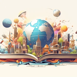 an open book with planets and shapes around it, with a globe on top, in the style of colorful cityscapes, studyplace, light beige and orange, 3840x2160, colorful cartoon, industrialization, colorful muralist --ar 118:89